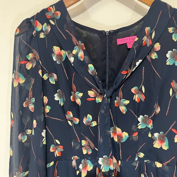 Betsey Johnson Navy Floral Mini Dress Neck Tie Sheer Long Sleeves V Neck Size 6 - Picture 3 of 13